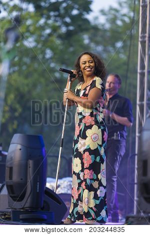 Minsk Belarus-August 12 2017: Vocalist and Singer Pat Appleton of World Renowned Jazz Ensemble De-Phazz Performing at A-Fest Music Festival on August 12 2017 in Minsk Republic of Belarus.