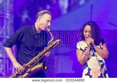 Minsk Belarus-August 12 2017: Vocalist and Singer Pat Appleton and Marcus Bartelt of World Renowned Jazz Ensemble De-Phazz Performing at A-Fest Music Festival on August 12 2017 in Minsk Republic of Belarus.