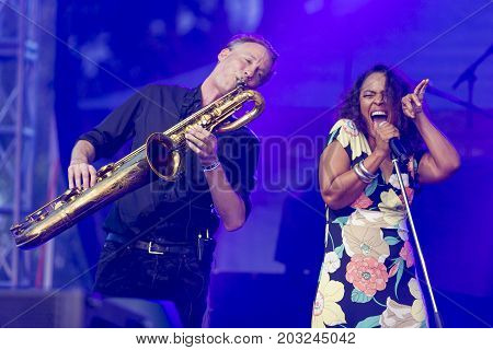 Minsk Belarus-August 12 2017: Vocalist and Singer Pat Appleton and Marcus Bartelt of World Renowned Jazz Ensemble De-Phazz Performing at A-Fest Music Festival on August 12 2017 in Minsk Republic of Belarus.