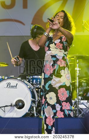 Minsk Belarus-August 12 2017: Vocalist and Singer Pat Appleton of World Renowned Jazz Ensemble De-Phazz Performing at A-Fest Music Festival on August 12 2017 in Minsk Republic of Belarus.
