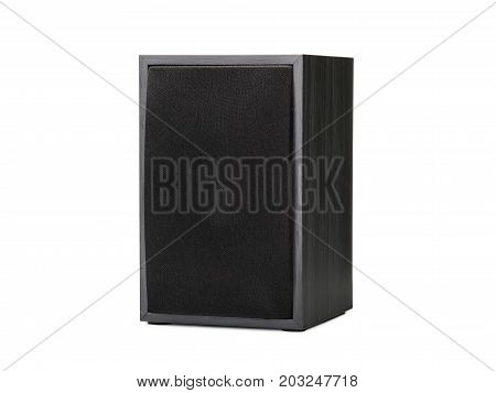 A close-up picture of a black vintage loudspeaker isolated on a white background. Audio equipment for sound quality. Entertainment, technology, music concept.