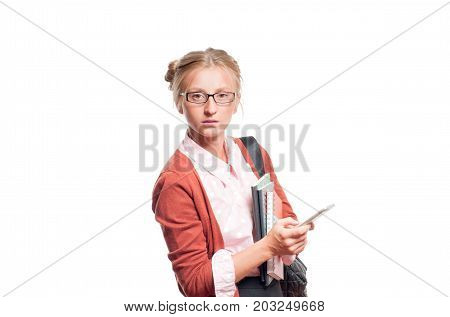 Young Student Girl  Using Smart Phone..  Back To School