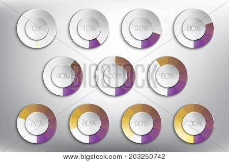 Loading spinners or progress loading bars in different loading state and percentage. Designed with realistic transparent glass shine and shadow on the white background. Vector illustration. Eps10.