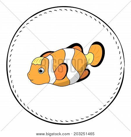 Funny clownfish isolated on white background. Coral fish Clown cartoon vector illustration. Underwater animal handdrawn patch. Aquarium fish drawing. Tropical sea fish clipart. Marine fauna character