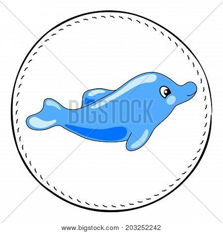 Blue Dolphin isolated on white background. Friendly dolphin cartoon vector illustration. Underwater animal handdrawn patch. Sea animal drawing. Cute dolphin animal clipart. Marine fauna character icon