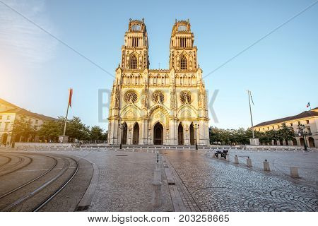 View on the saint Croix cathedral in Orleans city during the sunset in central France