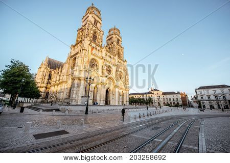 View on the saint Croix cathedral in Orleans city during the sunset in central France