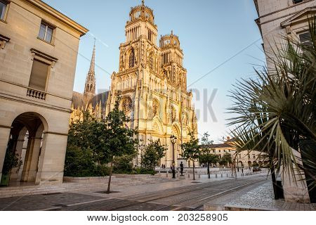 Sunset view on the old town with saint Croix cathedral in Orleans city in France