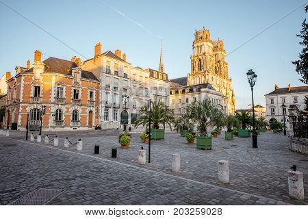 Sunset view on the old town with saint Croix cathedral in Orleans city in France