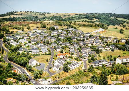 Aerial cityscape view on Saint Flour town in Cantal region in France