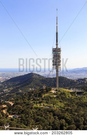 BARCELONA, SPAIN - MAY 13, 2017: Collserola TV Tower is a modern unique tower located on the hill of Tibidabo.