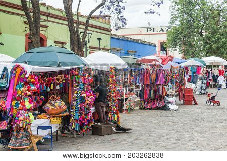 OAXACA MEXICO - MARCH 4: Row of shops selling arts and crafts in Oaxaca Mexico on March 4 2017