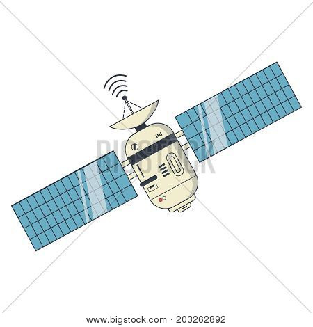 Earth satellite network provider banner. Communication satellite with solar panels and dish with the antenna. Vector Illustration