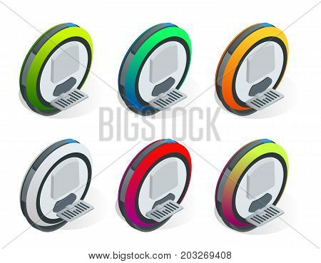 Isometric set of Alternative Eco Transport isolated on a background. Monowheel balance vehicle icon. Flat illustration of monowheel balance vehicle vector icon for web design.