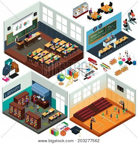 A vector illustration of Isometric Design of School Buildings and Classrooms