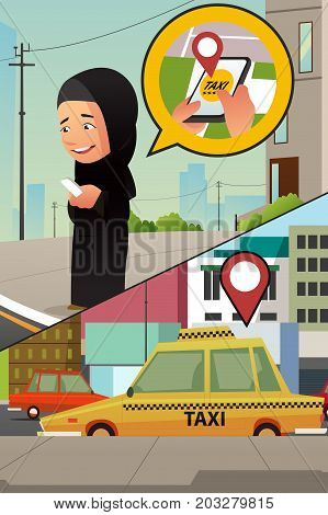A vector illustration of a Muslim Woman Calling Taxi from Her Cellphone