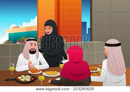 A vector illustration of Muslim Family Eating at Home