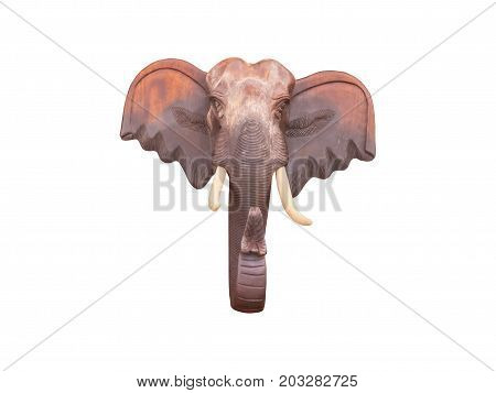 Wood carving the head of the elephant commonly used in ornamental building isolated on white background with clipping path.