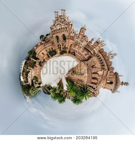 Little planet 360 degree sphere. Panorama of Colomares castle. Benalmadena. Spain