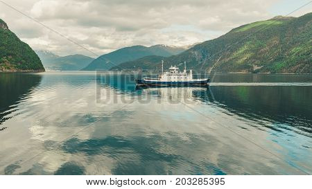 Ferry Boat Ship On Fjord In Norway