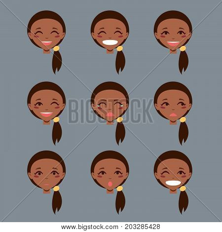 Set of emotional character. Cartoon style emotion icons. Isolated black girl avatars with different facial expressions. Flat illustration women's faces. Hand drawn vector drawing emoji.