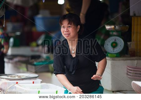 HO CHI MINH CITY (SAIGON), VIETNAM - JULY 2017 : Unidentified vendrs at Ben Thanh market in Saigon, Ho Chi Minh City, Vietnam