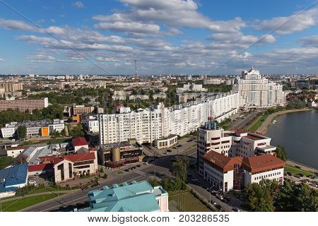 MINSK, BELARUS - AUGUST 15, 2016: Aerial view of the south part of the Minsk with new skyscraper and other buildings near Svislach River. Minsk is the capital and largest city of Belarus.