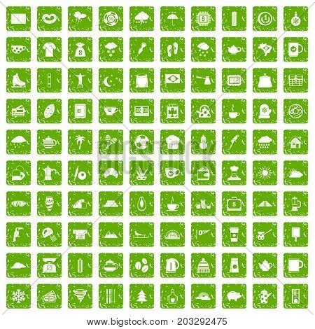 100 coffee cup icons set in grunge style green color isolated on white background vector illustration