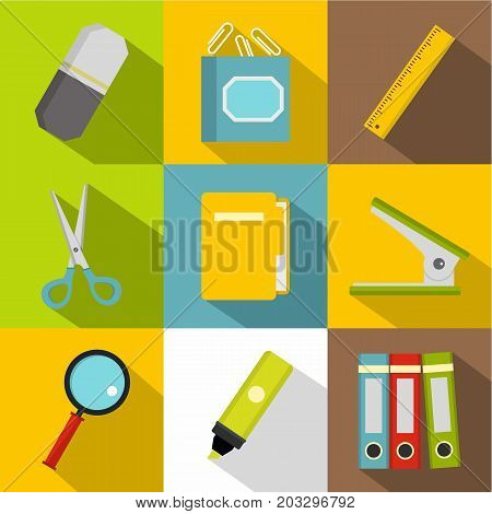 Stationery symbols icon set. Flat style set of 9 stationery symbols vector icons for web design
