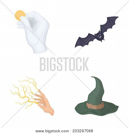 Focus with a coin, a bat, a mage's hat, a lightning-fast spell.Black and white magic set collection icons in cartoon style vector symbol stock illustration .