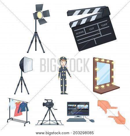 A movie camera, a floodlight, a chromakey and other equipment for the cinema.Making movie set collection icons in cartoon style vector symbol stock illustration .