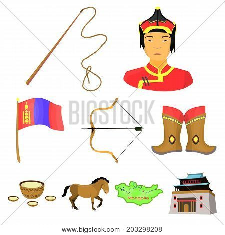 Mongolian national characteristics. Icons set about Mongolia.Clothing, soldiers, equipment. Mongolia icon in set collection on cartoon style vector symbol stock web illustration.