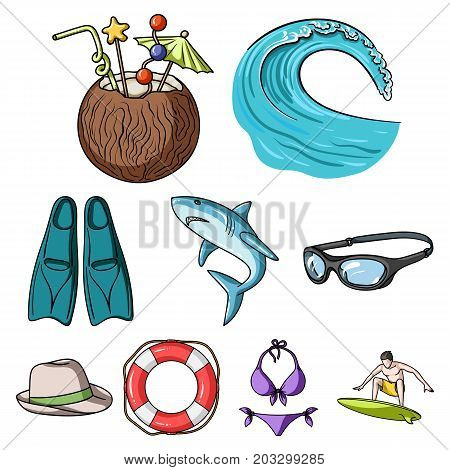 A collection of pictures on the theme of the beach, the sea, surfing. Rescuers of the beach.Surfing icon in set collection on cartoon style vector symbol stock web illustration.