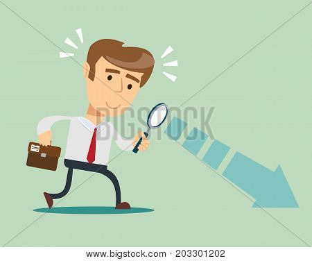 Businessman looking through a magnifying glass. Business and finance concept. Vector, illustration, flat.