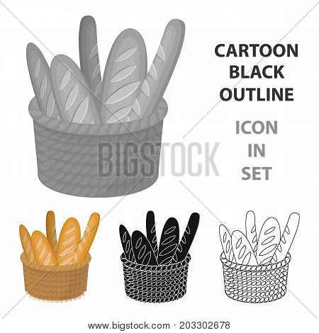 Basket of baguette icon in cartoon design isolated on white background. France country symbol stock vector illustration.