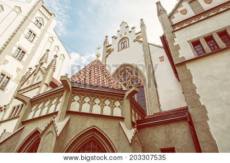 Maisel synagogue in Prague Czech Republic. Architectural theme. Religious architecture. Travel destination. Beauty photo filter.