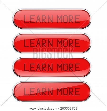LEARN MORE red oval buttons. Set of glass icons with chrome frame and reflection. Vector 3d illustration isolated on white background