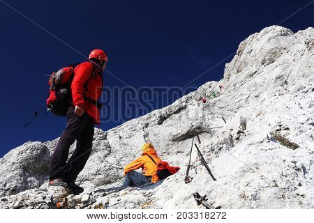 TRIGLAV, AUGUST 12, 2017 - Climbers on Triglav Peak, Slovenia, Europe