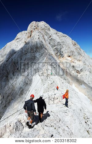 TRIGLAV, AUGUST 12, 2017 - Climbers on Triglav Peak, Slovenia, Europe