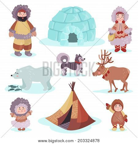 People in traditional eskimos costume and arctic animals set, life in the far north colorful vector Illustrations on a white background