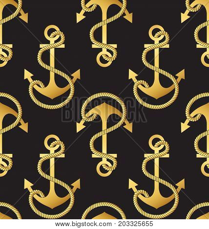 Gold anchor a black background. Seamless pattern. Vector illustration.