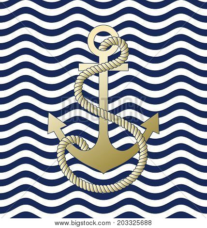 Blue wave background. Gold anchor. Vector illustration.
