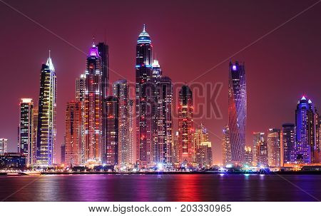 Amazing Night Panorama Of Dubai Marina. United Arab Emirates