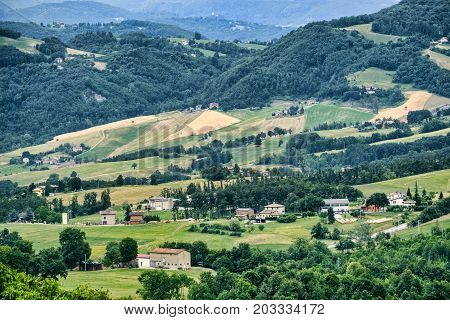 Summer landscape along the road from Serramazzoni to San Dalmazio (Modena Emilia Romagna Italy) at summer