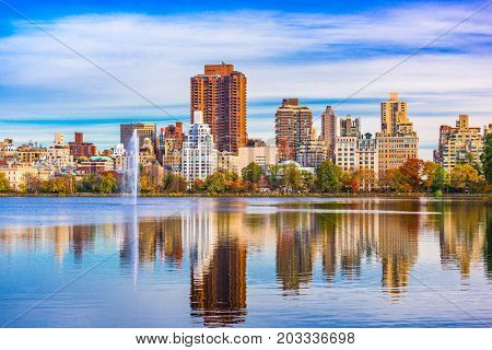 New York City in Central Park at the reservoir during autumn.