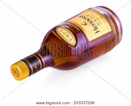 CHISINAU MOLDOVA - AUGUST 17 2017: Bottle of Cognac Hennessy isolated on white background. Created by Maurice Hennessy in 1870. XO stands for Extra Old because of its extended aging process.