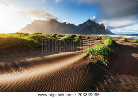 Fantastic west of the mountains and volcanic lava sand dunes on the beach Stokksness, Iceland