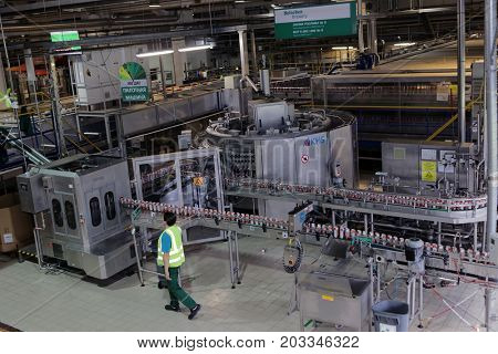 ST. PETERSBURG, RUSSIA - AUGUST 11, 2016: Worker at beer conveyor in the Heineken brewery. It was the first Heineken brewery in Russia, and now it can produce over 5 millions HL of beer per year
