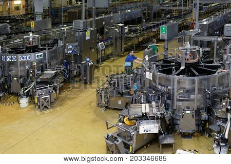 ST. PETERSBURG, RUSSIA - AUGUST 11, 2016: Worker at beer conveyor in the Heineken brewery. It was the first Heineken brewery in Russia, and now it can produce over 5 millions HL of beer per year
