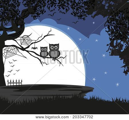 cute Halloween illustration with full Moon bats and owls